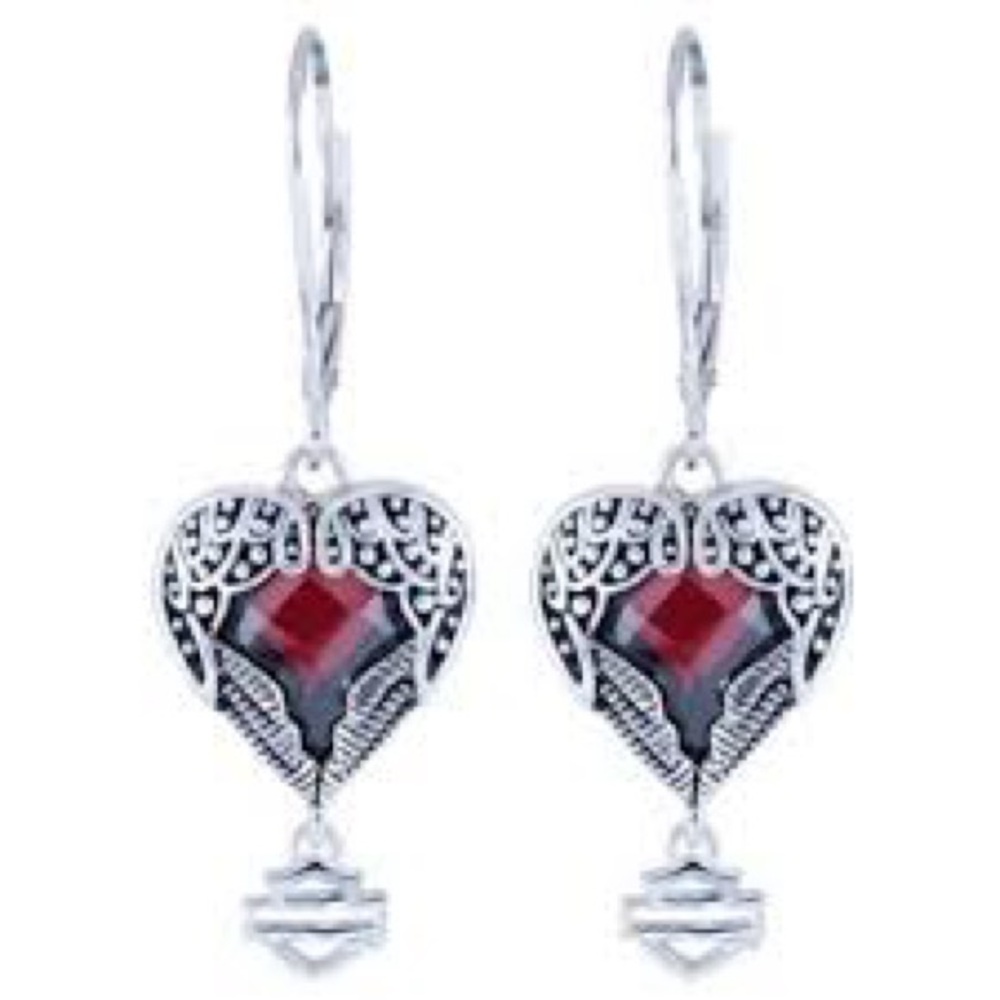 Winged Heart Earrings with red crystal hearts